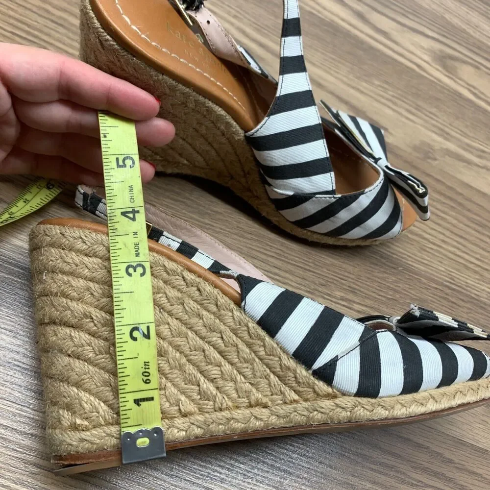 Kate‎ Spade Sandals 8.5 Black White Boardwalk Espadrille Slingback Stripes Wedge